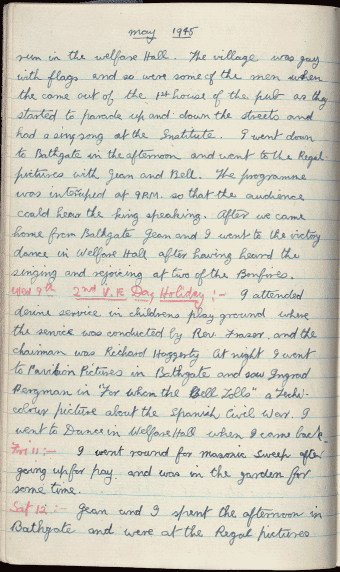 The entry for William Paton's diary for the 7th to the 9th May 1945 (second page), recording the Victory in Europe celebrations. National Records of Scotland reference: NRAS 4107/10 p.22